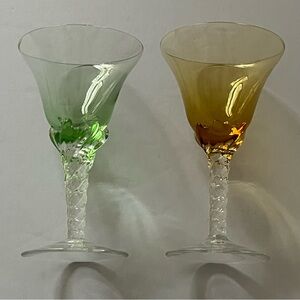 Set of 2 Vintage Blefled BFC12 Crystal Cordial Sherry Glasses Amber Green EUC